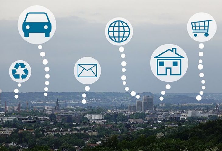 Übersichtsbild von Bonn mit den Symbolen Abfallwirtschaft, Auto, Brief, Internet, Haus und Einkaufswagen