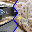 Leere Supermarktregale vs. Regale voller Toilettenpapier