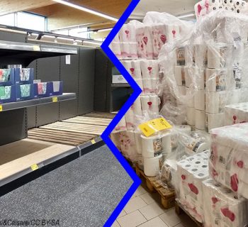 Leere Supermarktregale vs. Regale voller Toilettenpapier