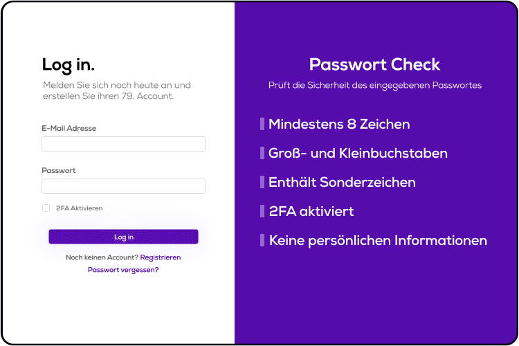 Die Slides sind jeweils in der Mitte geteilt. Auf der linken Seite jeder Slide wird dabei ein Log-in Feld gezeigt, indem sich gerade eine Person mit ihren Daten anmeldet. Auf der rechten Seite findet zur gleichen Zeit ein „Passwort-Check“ statt, der das auf der linken Seite eingegebene Passwort auf Kriterien der Sicherheit überprüft. In dieser dritten Slide wird ein Beispiel für ein sehr gutes Passwort gezeigt.