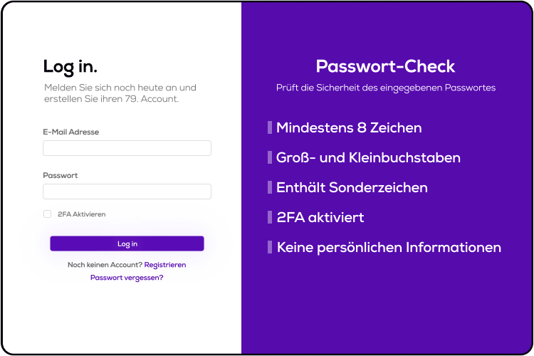 Die Slides sind jeweils in der Mitte geteilt. Auf der linken Seite jeder Slide wird dabei ein Log-in Feld gezeigt, indem sich gerade eine Person mit ihren Daten anmeldet. Auf der rechten Seite findet zur gleichen Zeit ein „Passwort-Check“ statt, der das auf der linken Seite eingegebene Passwort auf Kriterien der Sicherheit überprüft. In dieser ersten Slide benutzt die Person ein sehr unsicheres Passwort