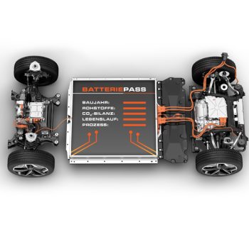 Chassis eines E-Autos mit Fokus auf der Batterie als Textbox zur Veranschaulichung des Batterie-Passes / Lebenslaufs (Baujahr, Rohstoffe, CO2-Bilanz, Lebenslauf, Prozess)