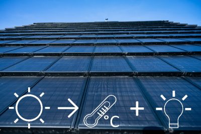 Solardachpfannen mit Piktogrammen von Sonne, Thermometer und Glühbirne