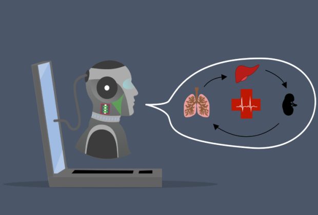 Ein Robotor, der über einen Laptop schwebt. Der Robotor spricht durch eine Sprechblase über den Vorgang von Lunge zur Leber und dann zur Niere. In der Mitte dieses Kreislaufs sieht man ein rotes Kreuz.