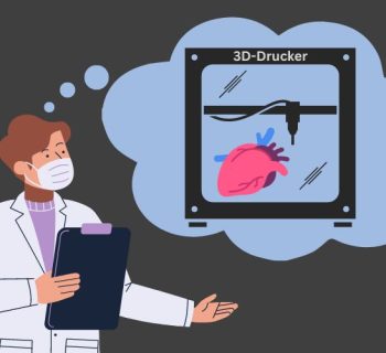 Ein Forscher mit einem Klemmbrett in der Hand hat eine Vision. Die Vision wird durch einen Gedankenblase dargestellt und zeigt einen 3D-Drucker. In dem 3D-Drucker liegt ein menschliches Herz.