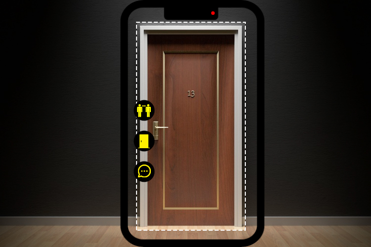 Eine Tür wird von einem Handy gescant. Die Funktion Türerkennung ist geöffnet.