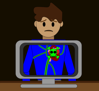 Eine Person ist frontal abgebildet. Auf einem Monitor ist das Herz der Person mit einem grünen Totenkopf abgebildet und grün gefärbte Adern führen vom Herz weg.