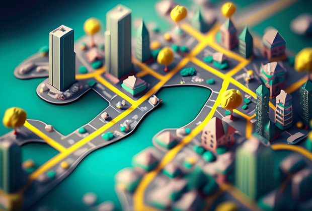 Ein KI generiertes Bild eines futuristischen stilisierten Stadtplans.