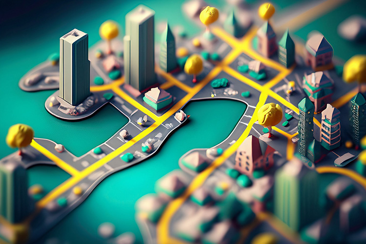 Ein KI generiertes Bild eines futuristischen stilisierten Stadtplans.