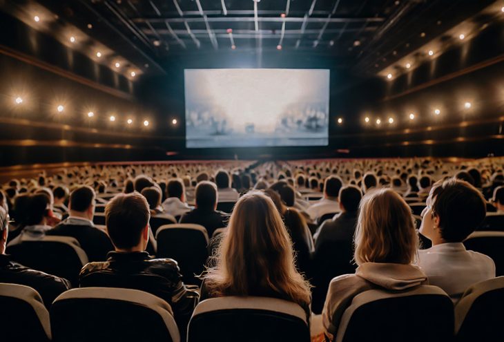 Besucher schauen den Film Oppenheimer in einem IMAX-Saal.