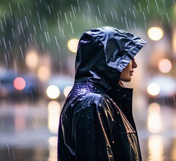 Person mit Regenjacke bekleidet steht im Regen