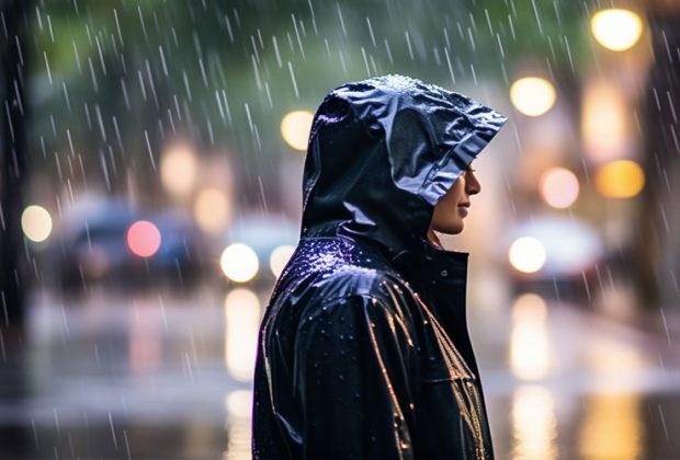 Person mit Regenjacke bekleidet steht im Regen