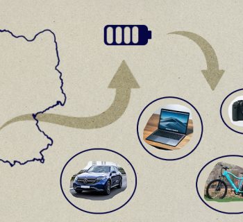 Aus dem Süd-Westen der Deutschlandkarte folgt ein Pfeil zu einer Batterie, von der ein weiterer Pfeil ausgeht und auf eine Kamera, Laptop, E-Fahrrad und E-Auto zeigt.
