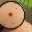 Eine Lupe zeigt Muttermale eines Arms im Detail.