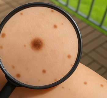 Eine Lupe zeigt Muttermale eines Arms im Detail.