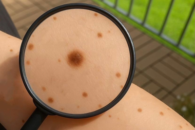 Eine Lupe zeigt Muttermale eines Arms im Detail.