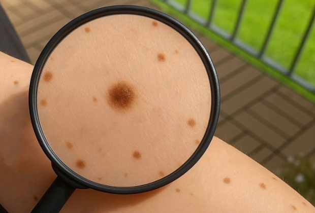 Eine Lupe zeigt Muttermale eines Arms im Detail.