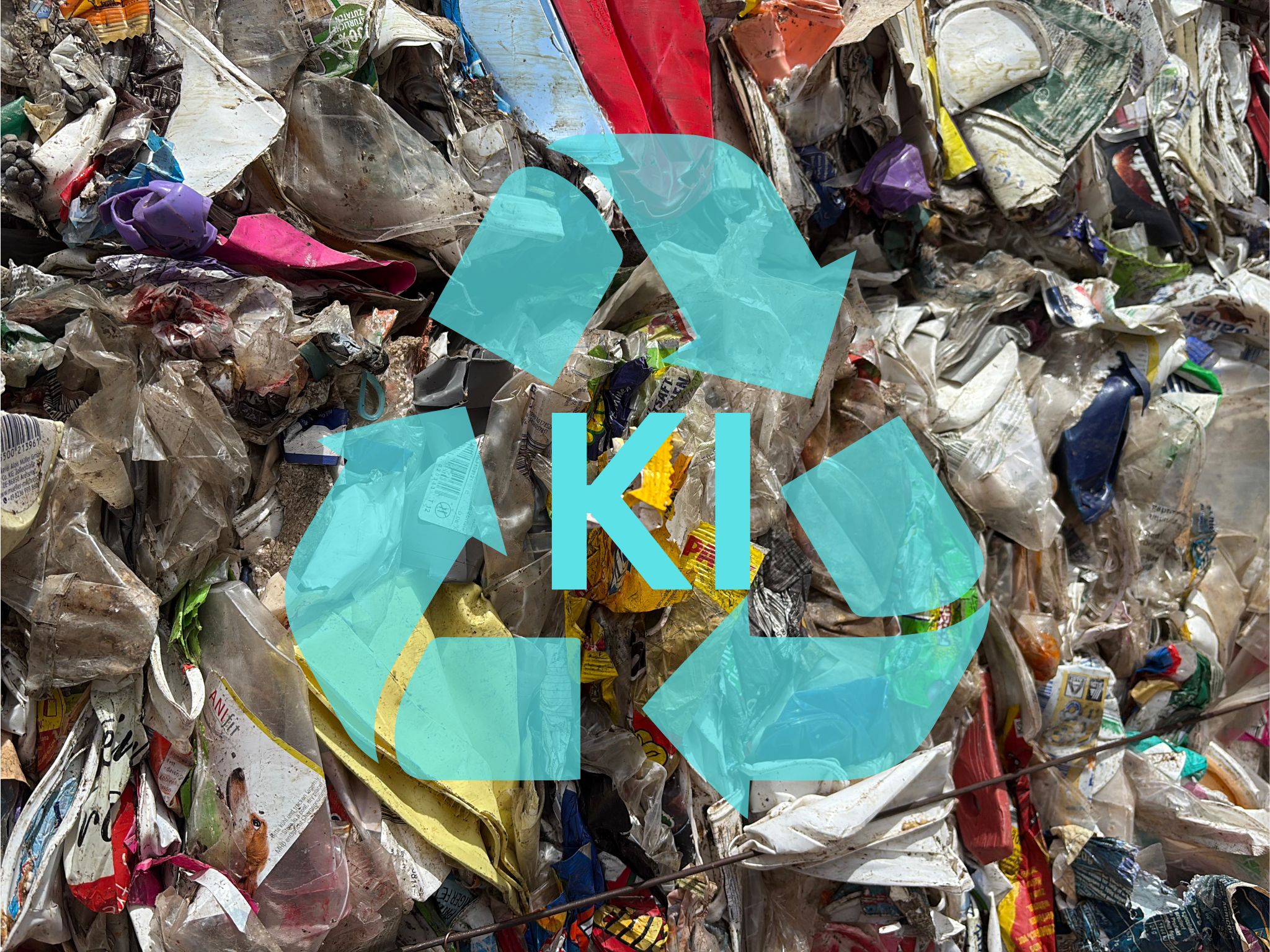 Ein Haufen unsortierter, verschmutzter Kunststoffverpackungen nach dem Durchlauf einer Sortieranlage. Im Vordergrund liegt ein türkisfarbenes Recycling-Symbol mit dem Schriftzug „KI“ darüber.